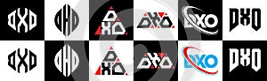 DXO letter logo design in six style. DXO polygon, circle, triangle, hexagon, flat and simple style with black and white color
