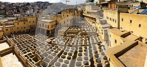 Dye reservoirs in tannery in Fes, Morocco, where the world famous moroccan leather is made