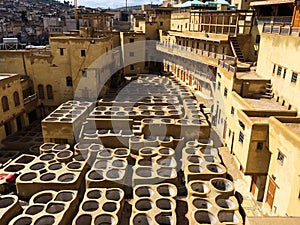 Dye reservoirs in tannery in Fes, Morocco, where the world famous moroccan leather is made