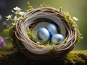 dyed easter eggs in bird nest woven with twigs flowers and moss