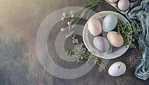 Dyed Easter eggs in pastel colors on dark background