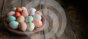 Dyed Easter eggs in pastel shades on ceramic plate, on rustic wooden surface, holiday celebration.
