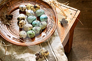 Dyed quail easter eggs in a rustic red brown plate. Easter mood card, copyspace. Beige linen towel, feather, alder cones