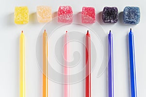 The dyes - evident and hidden in candy for children. Industry, business and health concept