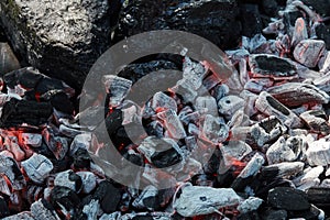 Dying fire on black, ashy coal prepared for barbecue grill