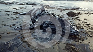 A dying whale, covered in oil, lies on the beach, surrounded by algae and rocks. The scene is creepy and disturbing. The concept