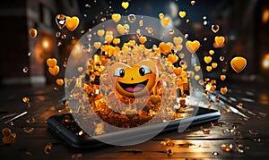 Dynamic 3D smartphone emitting a burst of golden emoji faces with heart eyes depicting online engagement social media interaction