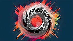 A dynamic, abstract artwork features a circular pattern