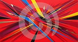 Dynamic abstract artwork features sharp, angular shapes in vibrant colors