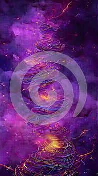 A dynamic abstract artwork featuring swirling vortexes of colorful lines against a photo