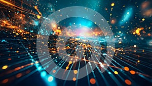 abstract background, featuring glowing lines, particles, data flow, digital network or outer space