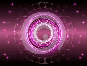 This futuristic technology interface features glowing circular data and a circuit board design.