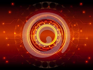 This futuristic technology interface features glowing circular data and a circuit board design.