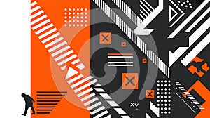 Dynamic Abstract Background: Orange, Black, White Geometric Patterns with Tech & UI Elements