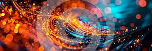 dynamic abstract background with swirling patterns and vibrant bokeh lights, adding a sense of movement.