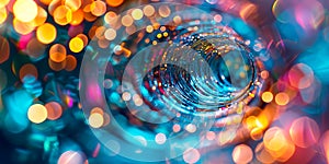 dynamic abstract background with swirling patterns and vibrant bokeh lights, adding a sense of movement.