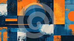 Abstract Painting Featuring Orange and Blue Geometric Shapes With Distressed Texture