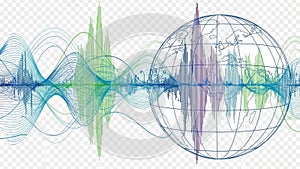 Global data visualization with interconnected waves and digital globe