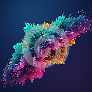 A dynamic, abstract 3D rendering composed of numerous rectangular prisms. Colors