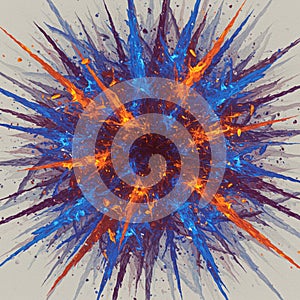 A dynamic abstract design featuring a central burst pattern with vivid blue and orange