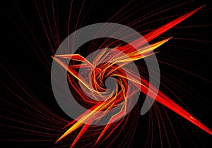 Dynamic abstract design featuring sharp, angular red and orange shapes radiating