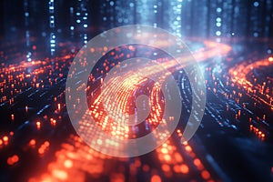 Dynamic abstract digital data stream visualization with glowing red and blue light trails, tech.