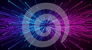 Dynamic abstract digital network explosion with vibrant blue and pink light streams