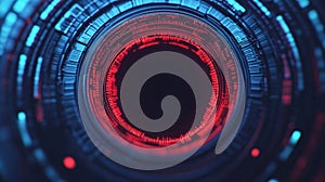 Dynamic Abstract Digital Tunnel with Glowing Red and Blue Data Streams and Intricate Circuitry