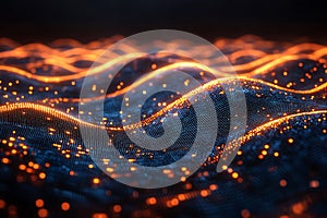 Abstract digital waves with glowing orange lights representing data and technology