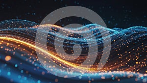 Dynamic abstract digital waves with vibrant orange and blue glowing light streams, creating a sense of motion