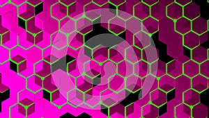 Dynamic abstract-geometric background featuring connected-cubes and hexagonal-grid network.