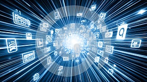 Abstract Digital Data Stream Exploding Network of Technology Icons and Light Streaks AI generated.