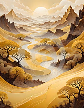 Dynamic abstract landscape with yellow, brown, and white swirls, Generative AI