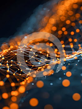 Dynamic abstract network visualization with glowing orange nodes and interconnected lines creating a flowing wave pattern on a