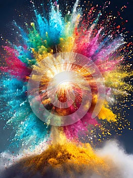 Dynamic abstract powder burst of colorful powder representing big bang against dark background