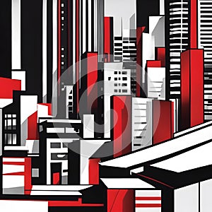 Dynamic Abstract Urban Energy: Bold Cityscape in Red, Black, and White photo