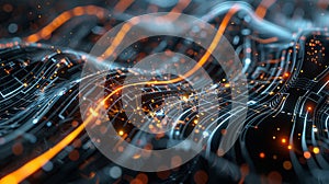 A dynamic, abstract visualization of big data, featuring glowing information streams, complex graphs, and digital