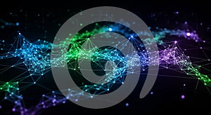 Abstract Network Connection with Glowing Nodes and Lines in Blue, Green, and Purple