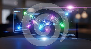 Futuristic digital network data flow with neon blue green and purple lights