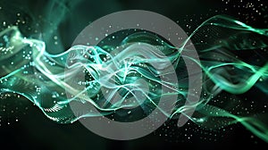 Dynamic abstract waveforms: glowing green particles, data visualization, modern technology, vibrant design