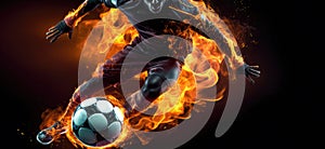 Dynamic action a ball strikes with fiery intensity soccer player