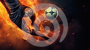 Dynamic action a ball strikes with fiery intensity soccer player