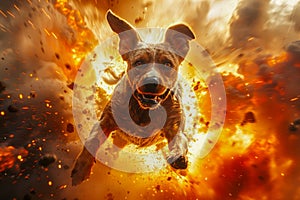 Dynamic Action Packed Image of a Brave Dog Amidst Intense Fiery Explosions Backdrop, Heroic Canine Concept