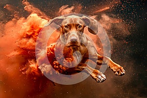 Dynamic Action Shot of a Brown Dog Mid Leap with a Vivid Orange Dust Cloud Background in High Resolution