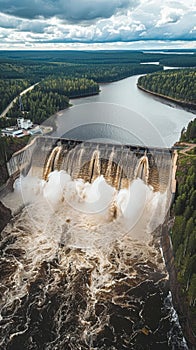 A dynamic aerial view of a hydroelectric dam's forceful discharge of water into a tranquil lake, exemplifying the