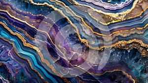 A dynamic agate slice design featuring layers of rich golds deep purples and bright blues. photo