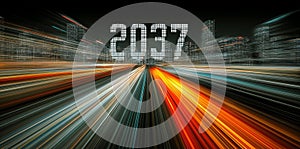 Dynamic Ai 2037 Digital Rendering, High-speed data transfer concept background with binary code and light trails on a dark blue