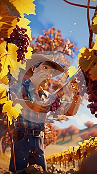 Dynamic animated farmer trimming grapevines detailed and vibrant photo