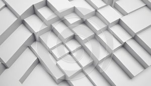 Dynamic arrangement of white rectangular blocks and cubes in relief