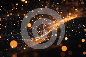 A dynamic array of luminous golden orange nanoparticles form soft, undulating waves in dark space.